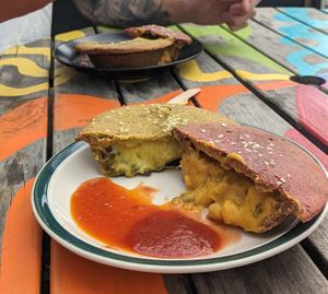 Cheesy lentil and curry pumpkin Sate pies at Rainbow Kitchen in Lower Moutere