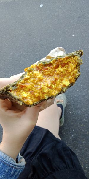 Delish Gluten free "scrambled egg" vegan pie (yum pastry and tasty tofu) at Rainbow Kitchen in Lower Moutere