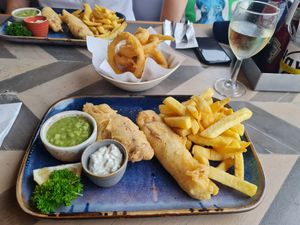 Vegan fish and chips using banana blossom at The Harbour in Plymouth
