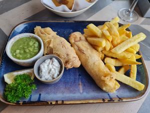 Vegan fish and chips at The Harbour in Plymouth
