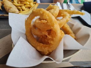 Vegan battered onions rings (by request) at The Harbour in Plymouth