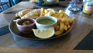 Banana blossom "fish" and chips. at The Harbour in Plymouth