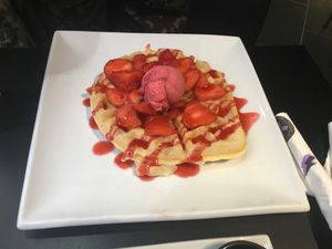 Strawberry waffles  at Creams Cafe in Windsor