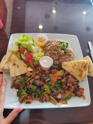 Vegan Shawarma plate with rice and Tahini sauce at Falafel n Cafe in Clearwater