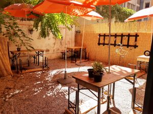 Outdoor seating (unused during COVID) at The Hamburger Foundation - Leschot in Geneva