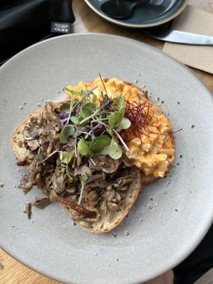 Chilli Tofu Scramble with a Side of Mushrooms  at Good Food Emporium Cafe - Illume in Narre Warren