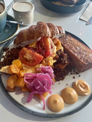 Chilli scramble with added hash brown   at Good Food Emporium Cafe - Illume in Narre Warren