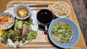 Miso soup, brown rice, and 3 small plates of different food. at Solviva Yukisaryou in Osaka