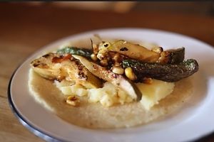 Vegan all organic local farms, house made corn tortilla featuring mashed potatoes, Alvarez seared padron peppers & corn.  at Maize & Barley in Edmonds