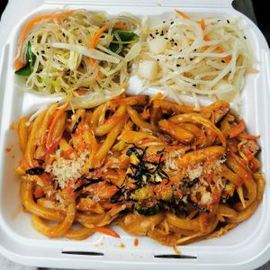 vegan udon, japchae, braised potatoes and rice cakes at Food Mood in Ottawa