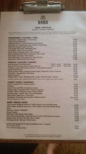 Menu at Brød in Cardiff