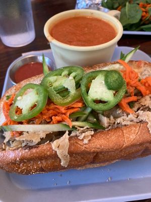 Vegan binh mah with seitan and vegan tomato soup  at Simple Cafe in Asheville