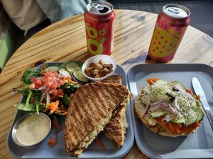 Excellent as usual. Vegan Reuben, side salad w/ vegan Cesar dressing, croutons, everything bagel w/ vegan lox pickled carrots, mustard, cashew cream cheese, cuc's, sprouts, capers. at Simple Cafe in Asheville