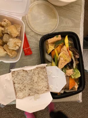 rice with veggy dishes at Han Noodle Bar in Rochester