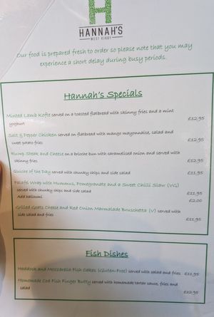 Menu at Hannah's in West Kirby