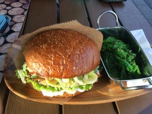 chickpea burger with seaweed salad at Vegan Burger in Dornbirn