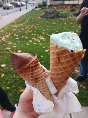 Small v. Chocolate sugar cone and large v. Mint cho chip waffle cone. at Cone Sweet Cone in Gettysburg