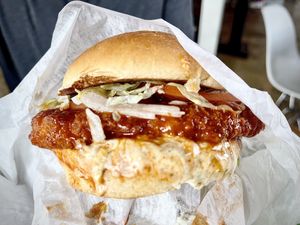 Vegan chicken burger  at Plant Power Fast Food in Long Beach