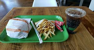 "Bacon" cheese burger meal. $16.00 at Plant Power Fast Food in Long Beach