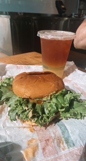 spicy chicken sandwich and arnold palmer  at Plant Power Fast Food in Long Beach