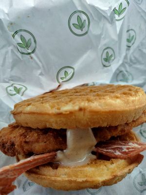 Chicken & Waffle sandwich (not a huge fan) at Plant Power Fast Food in Long Beach