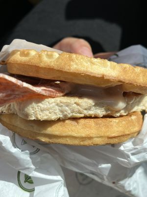 Waffle chicken sandwich:)   at Plant Power Fast Food in Long Beach