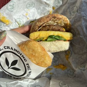 sausage egg and cheese muffin and hashbrown 😍  at Plant Power Fast Food in Long Beach