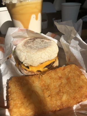 Sausage egg n cheese muffin & salted caramel shake! at Plant Power Fast Food in Long Beach