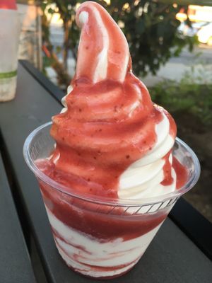 Soft serve with strawberry syrup  at Plant Power Fast Food in Long Beach