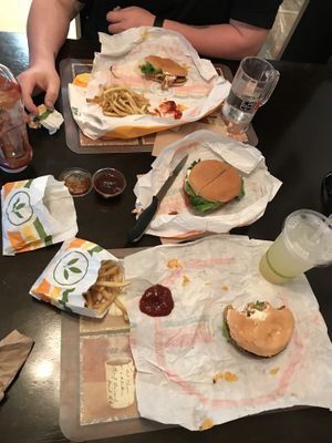 Burgers - bacon cheeseburger, chicken sandwich, and cheeseburger, fries, nuggets, and lemonade 👍 at Plant Power Fast Food in Long Beach