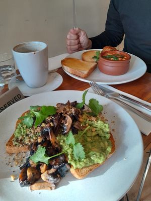 Avo toast with mushrooms and dukkah at Samuel Pepys Cafe in Launceston