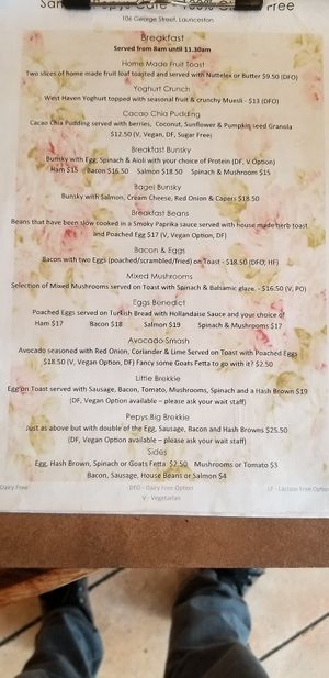 Menu at Samuel Pepys Cafe in Launceston