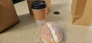 Soy latte and sweet bun at Family Baking in Chamblee