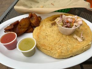 Vegan papusa with dragonfruit beef inside. Plantains on the side. at Monse's Pupuseria in Colorado Springs