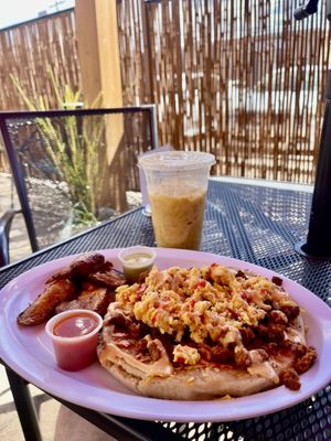 V egg & chorizo arepa with plantain and horchata (excellent!)  at Monse's Pupuseria in Colorado Springs
