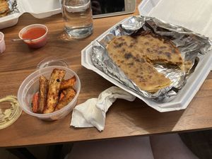 Yucca fries and 2 pupusas (vegan carnitas and vegan soyrizo). Went back for more yucca fries the next day!!  at Monse's Pupuseria in Colorado Springs