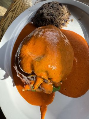 Chile relleno stuffed totally flavorless mashed potato 👎  at Monse's Pupuseria in Colorado Springs