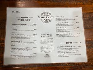Vegan menu as of November 2021 at Coffee Society in Rockhampton