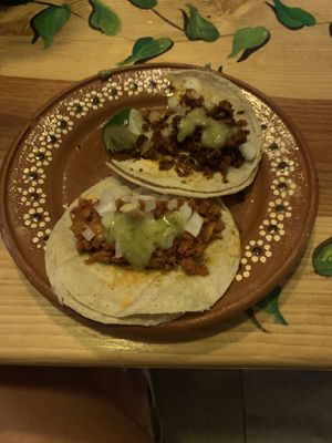 Chorizo and al pastor tacos at Aguacate Limon in Tulum