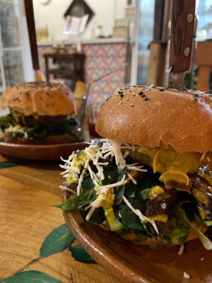 Vegan burgers -made of Portobello mushrooms or roasted avocado-  at Aguacate Limon in Tulum