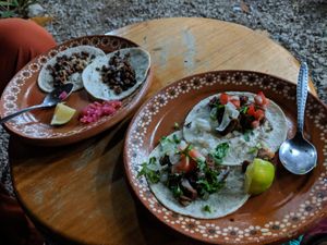 'Steak' and onion taco,  smoked soy taco at Aguacate Limon in Tulum