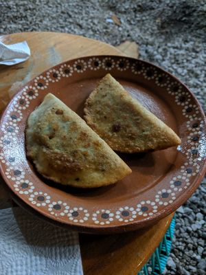 Sausage and potato empanandas at Aguacate Limon in Tulum