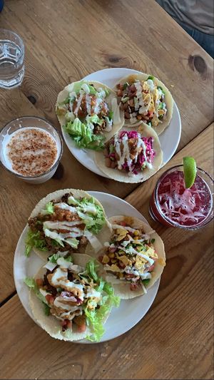 Vegan tacos, horchata & bourbon, & triple sec hibiscus margarita at The Burrow in Vancouver