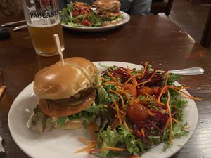 Beyond burger with side salad   at Black Goose Inn in Parksville