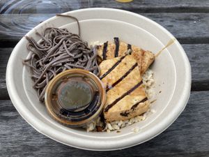 Teriyaki tofu with brown rice and soba noodle salad  at Mochiko in Charlottesville