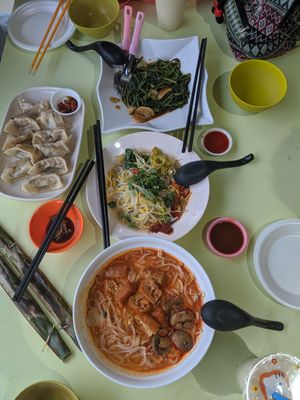 Some of the meal from various stalls - laksa is from this stall. at Zi Zai Vegetarian 自在齋 - Circuit Rd in Central Singapore