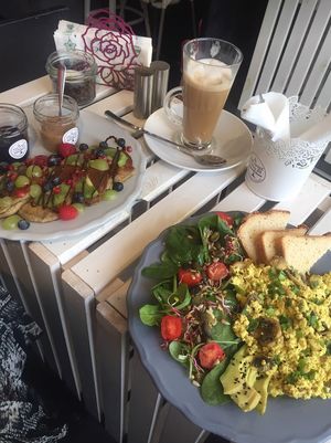 tofu scramble and banana pancakes at Eat Sweet & Stay Fit in Poznan