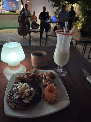 The vegan burger was very special and I did not expect such flavors here in Vinales!  Nice environment nice music and perfect piña colada!  at Jardin del Arte Sano in Vinales