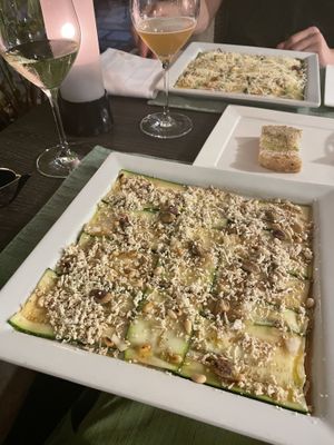 Zucchini with pistachios, pine nuts & grated smoked tofu on top at Dalmatino in Hvar