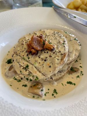 Close up of the vegan seitan steak covered in peppercorn sauce and mushrooms (I started trying to eat it too quickly, hence the knife marks)  at Dalmatino in Hvar